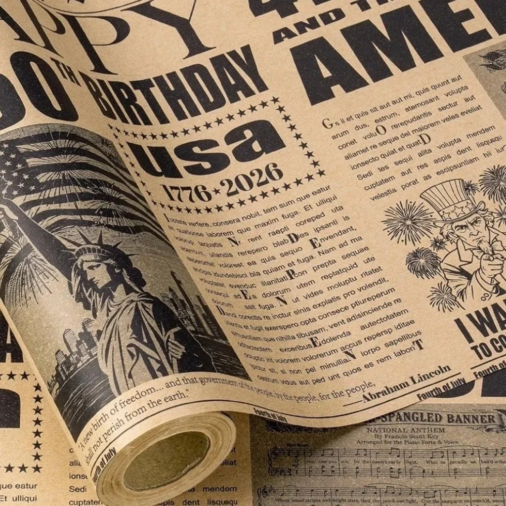 USA 250th Birthday Vintage Newspaper Kraft Wrapping‎ Paper 17in Patriotic Roll